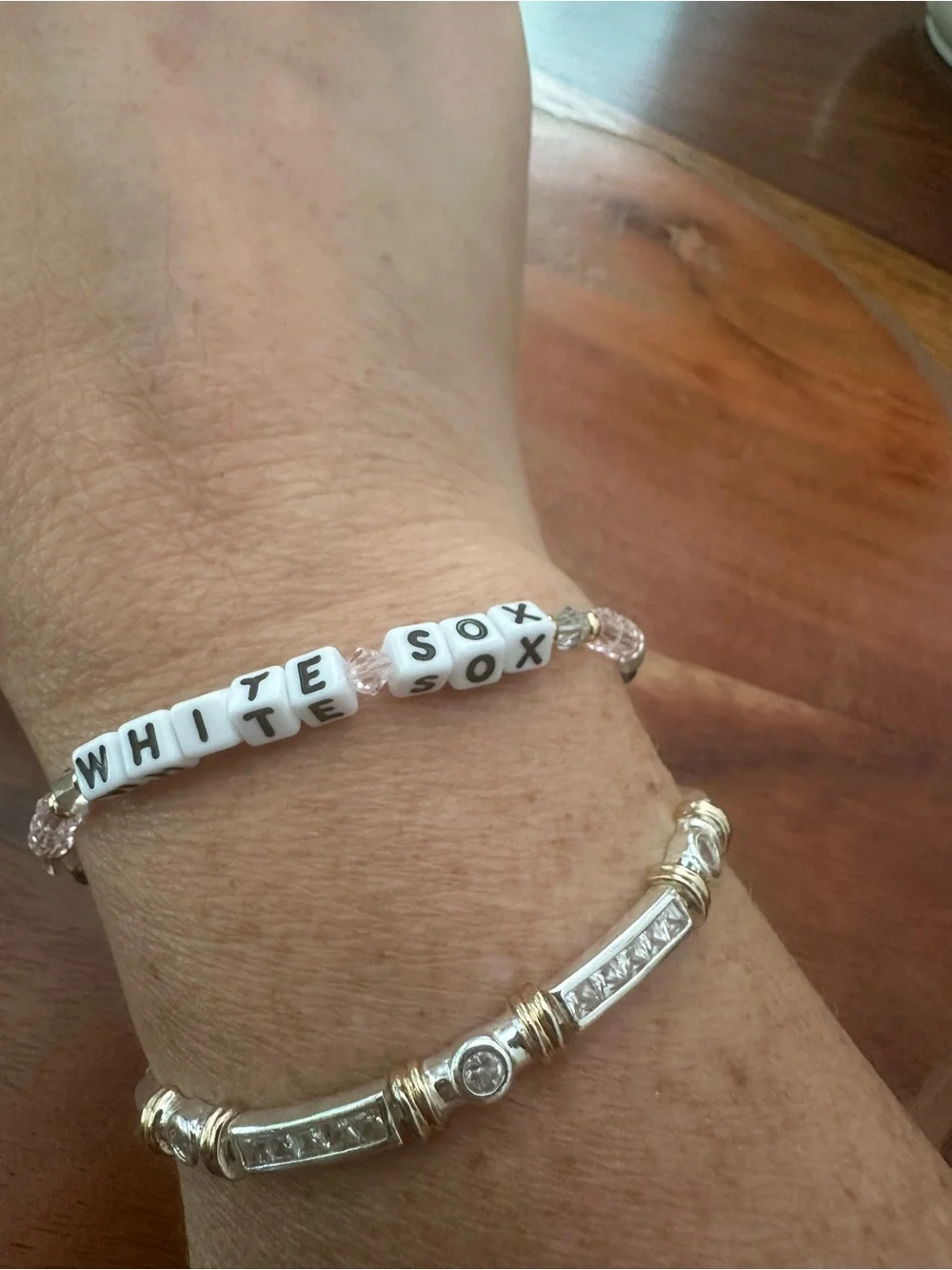 White and Black Beaded‎ Bracelet with Gold Charm